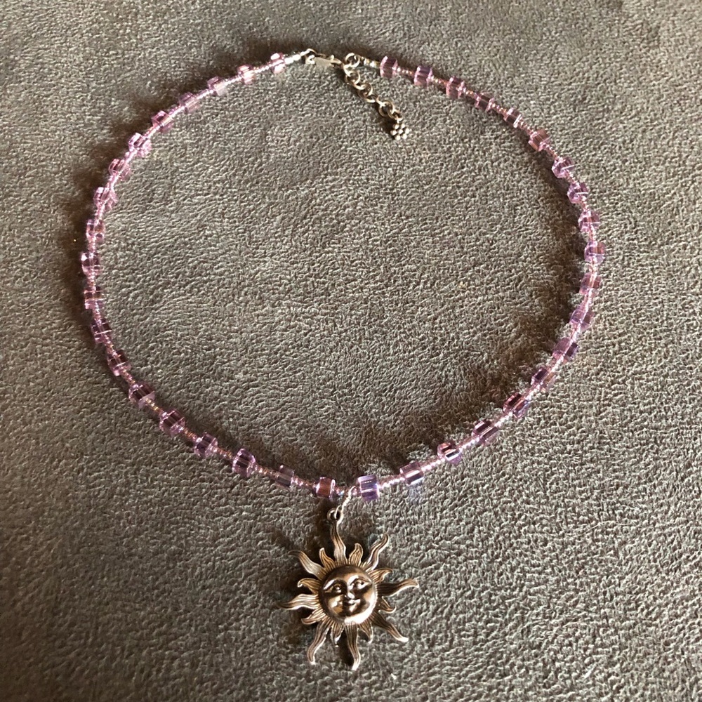 Beaded Silver Sunshine Necklace 925 Silver Pendant 18” Lilac Beads
